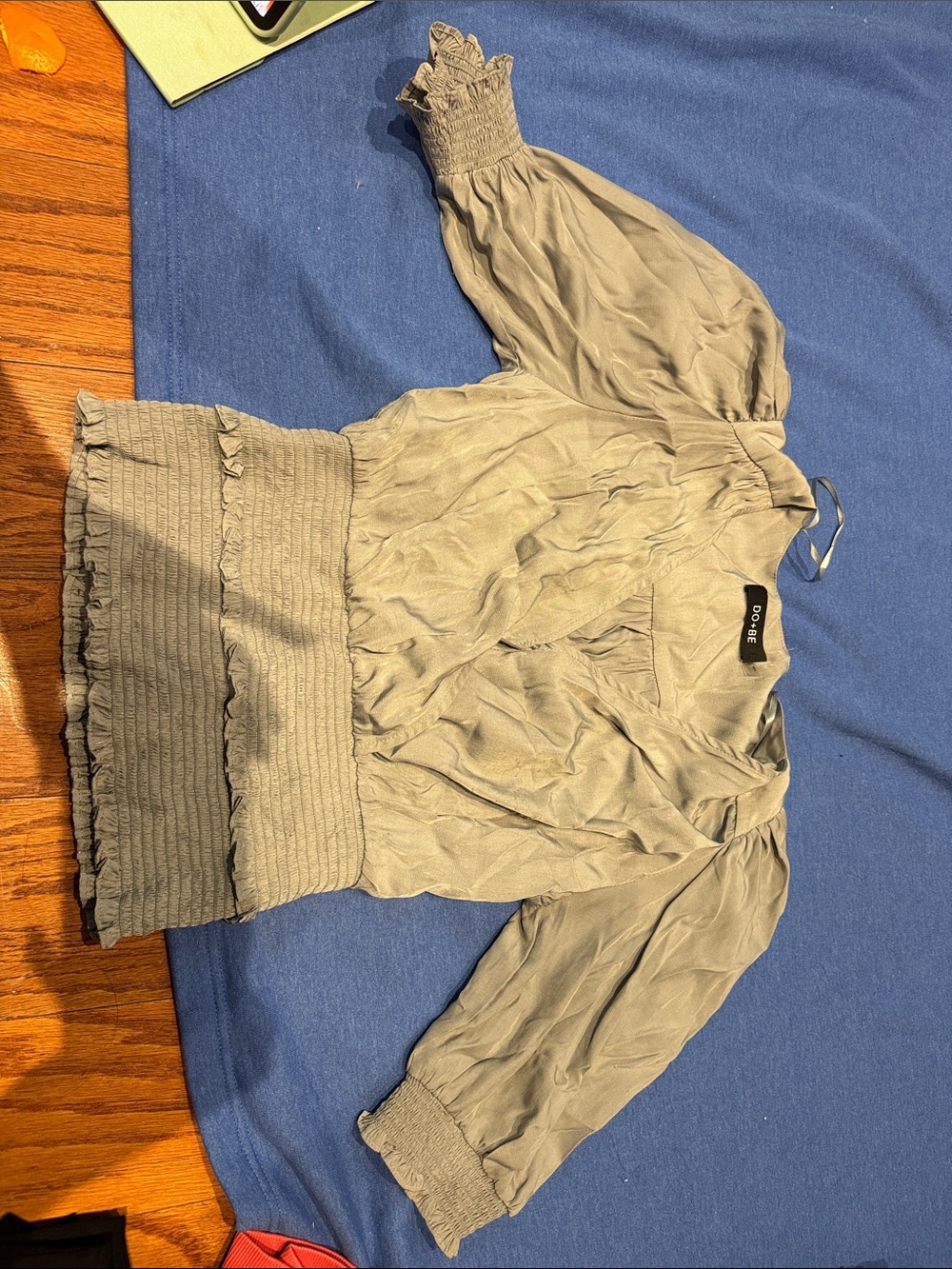 soft grey Puff Sleeve Smocked Waist Blouse